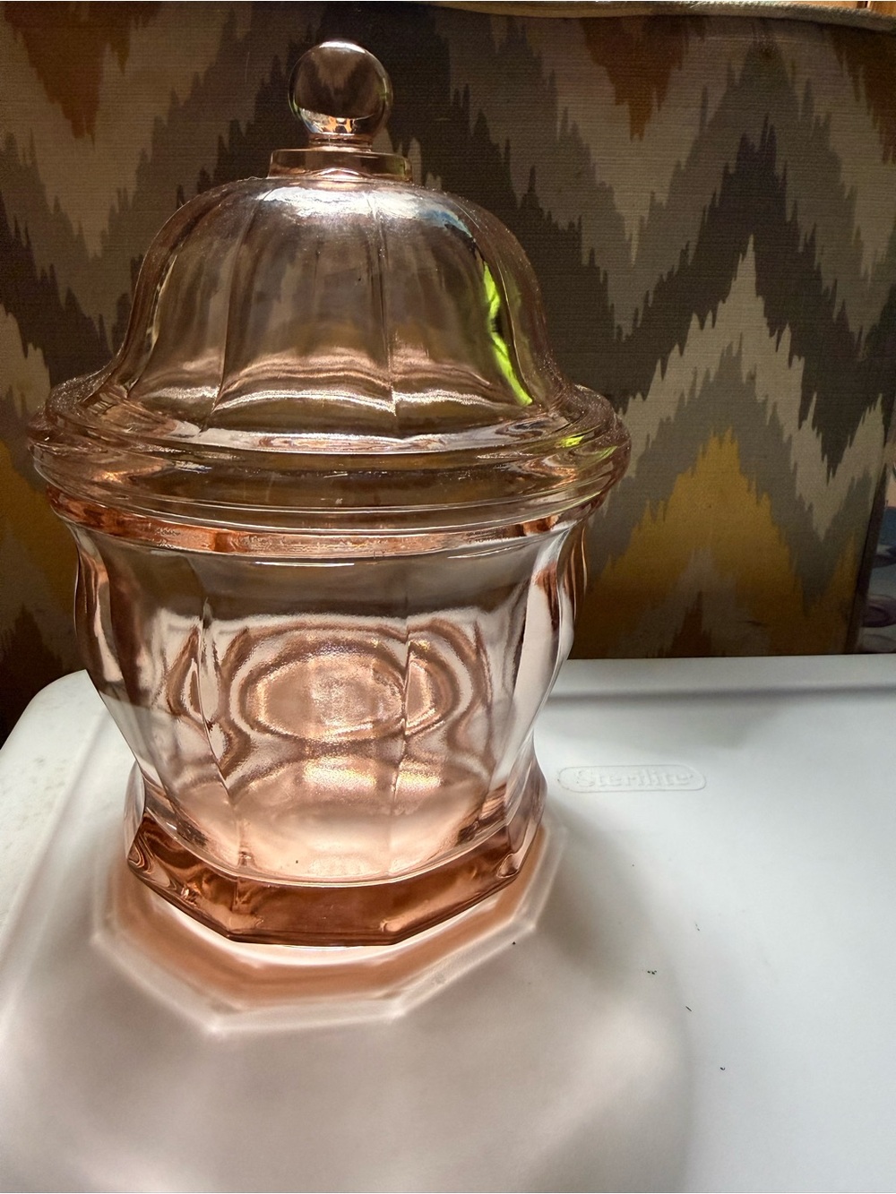 Pink Indiana Glass Paneled Apothecary Jar